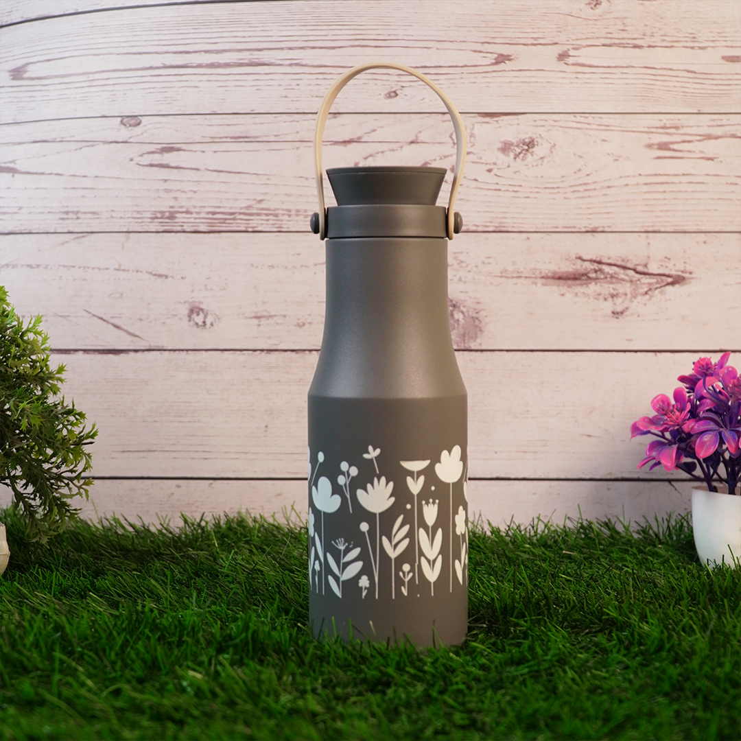 Matte Grey Floral Stainless Steel Water Bottle