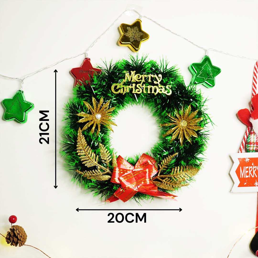 Festive Green Christmas Wreath with Golden Décor & Red Bow