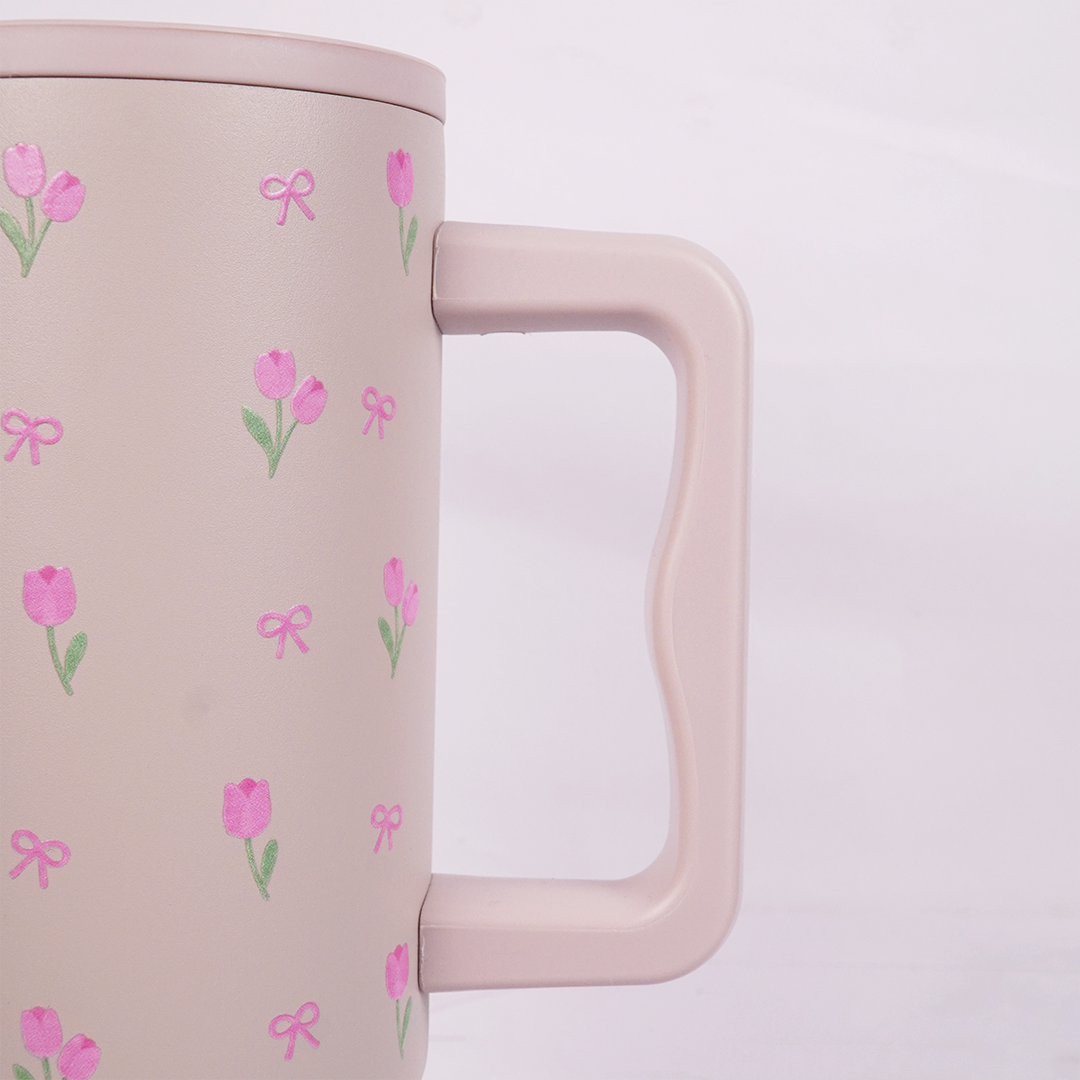 Pink Tulip Bow Tumbler with Straw & Hand