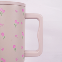 Pink Tulip Bow Tumbler with Straw & Hand