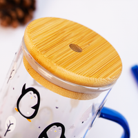 Winter Penguin in Forest Glass Tumbler with Handle & Bamboo Lid – Set of 2 | Festive Holiday Design with Straw