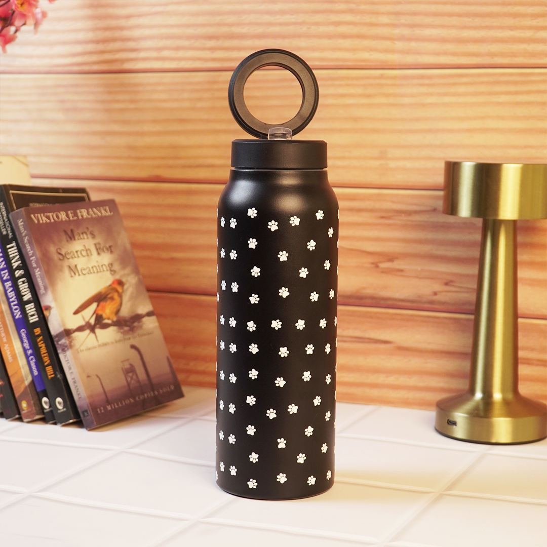 Black Paw Print Stainless Steel Water Bottle