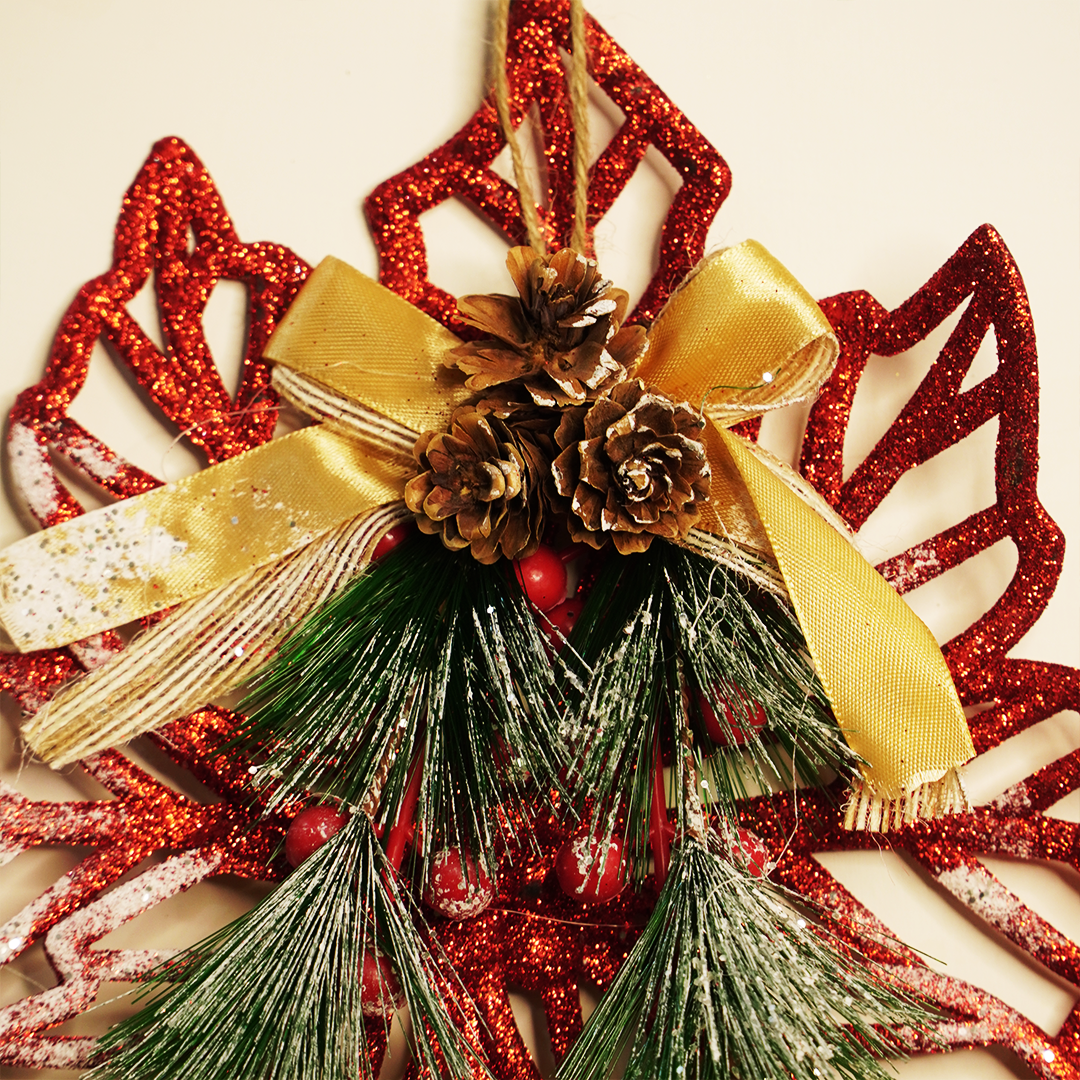 Elegant Christmas Snowflake Wall Hanging – Red Glitter With Pine Leaves & Golden Bow