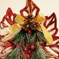 Elegant Christmas Snowflake Wall Hanging – Red Glitter With Pine Leaves & Golden Bow
