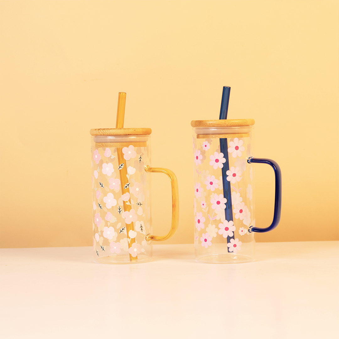Set of 2 Blossom Glass Tumbler with Bamboo Lid & Straw