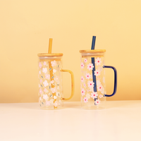 Set of 2 Blossom Glass Tumbler with Bamboo Lid & Straw