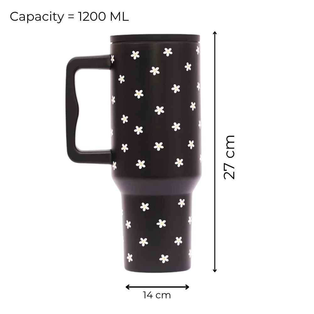 Black Daisy Stainless Steel Travel Tumbler with Handle