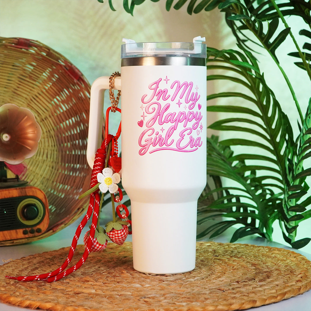 In My Happy Girl Era Printed Tumbler with Handle & Charm | Reusable Travel Cup | Cute Everyday Drinkware