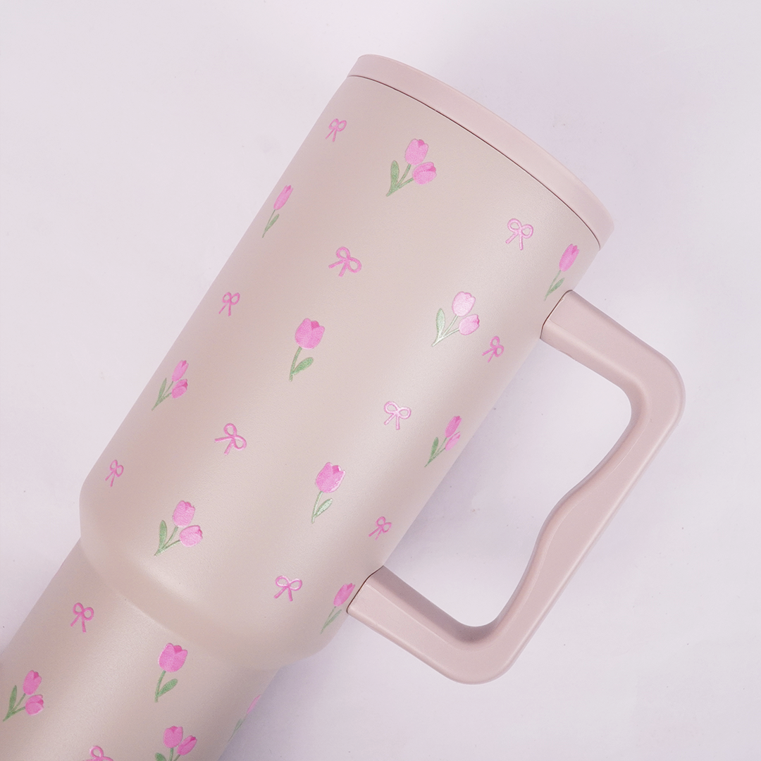 Pink Tulip Bow Tumbler with Straw & Hand