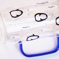 Winter Penguin in Forest Glass Tumbler with Handle & Bamboo Lid – Set of 2 | Festive Holiday Design with Straw