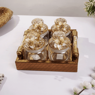 Set-4 Luxury Decorative Glass Storage Jars Set with Golden Tray - Memories InsiteLUXURY DECOREATIVE GLASS JAR SET OF 4