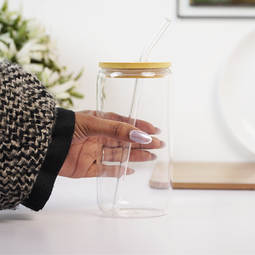 Clear Glass Tumbler with Bamboo Lid & Reusable Glass Straw