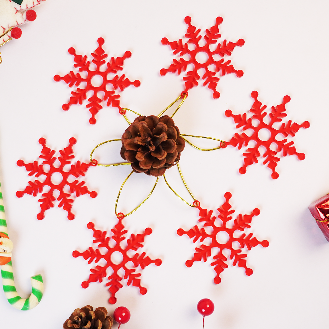 Set-6 Christmas Snowflake Ornaments – Red Hanging Decorations for Tree