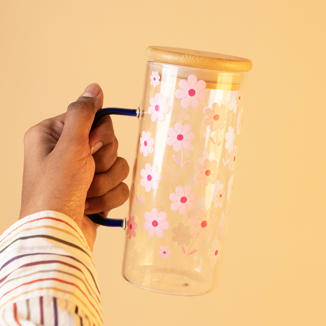 Set of 2 Blossom Glass Tumbler with Bamboo Lid & Straw