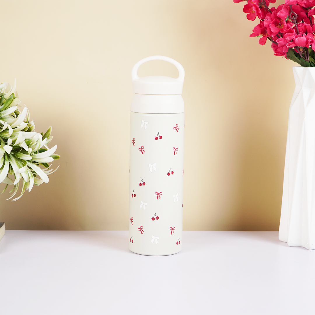 Cherry Charm Water Bottle – Stay Fresh in Style-White