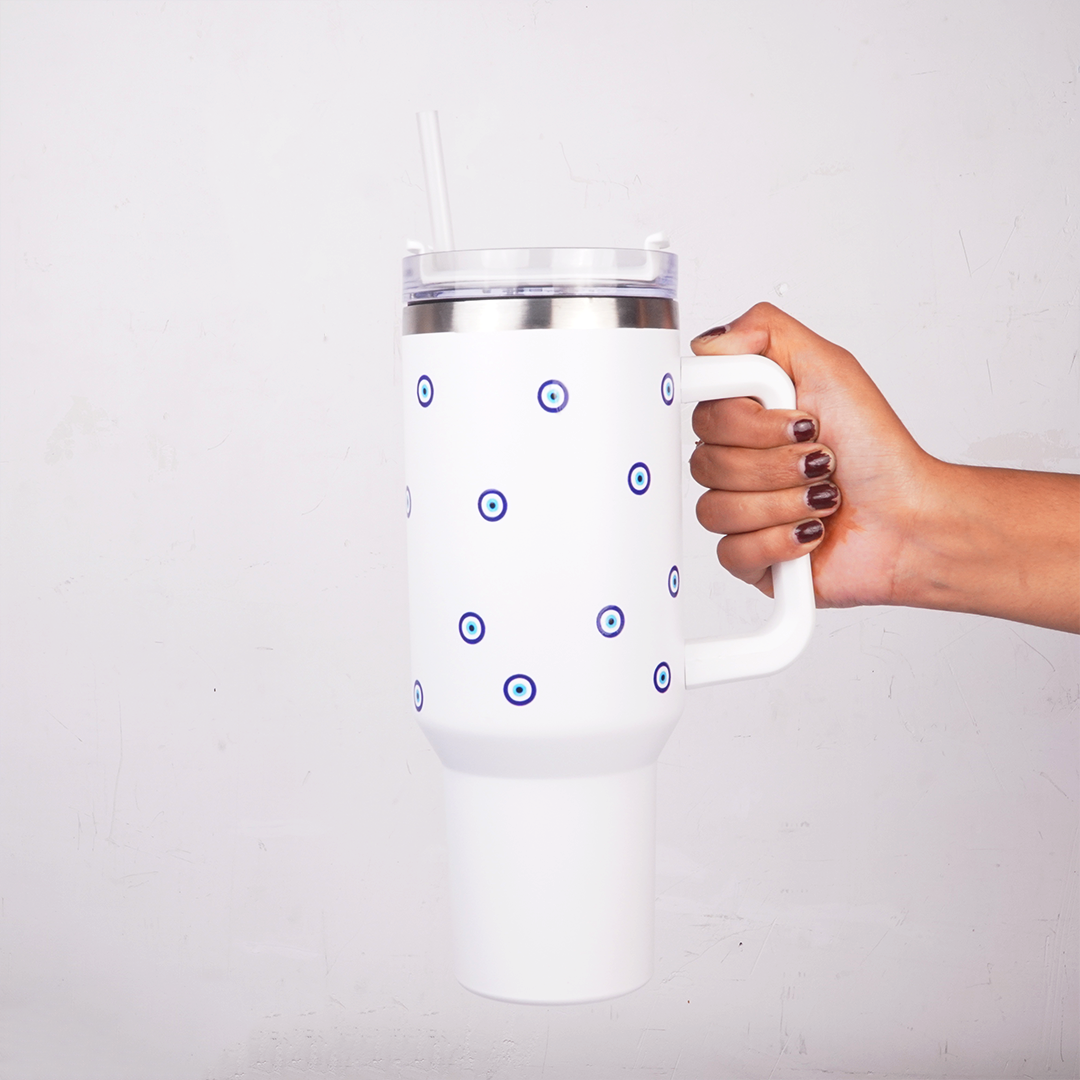 White Evil Eye Print Tumbler with Straw & Handle