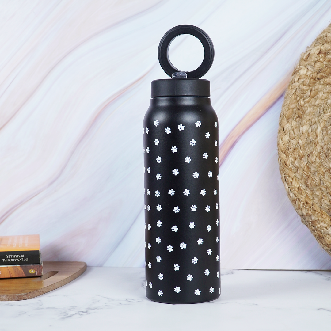 Black Paw Print Stainless Steel Water Bottle