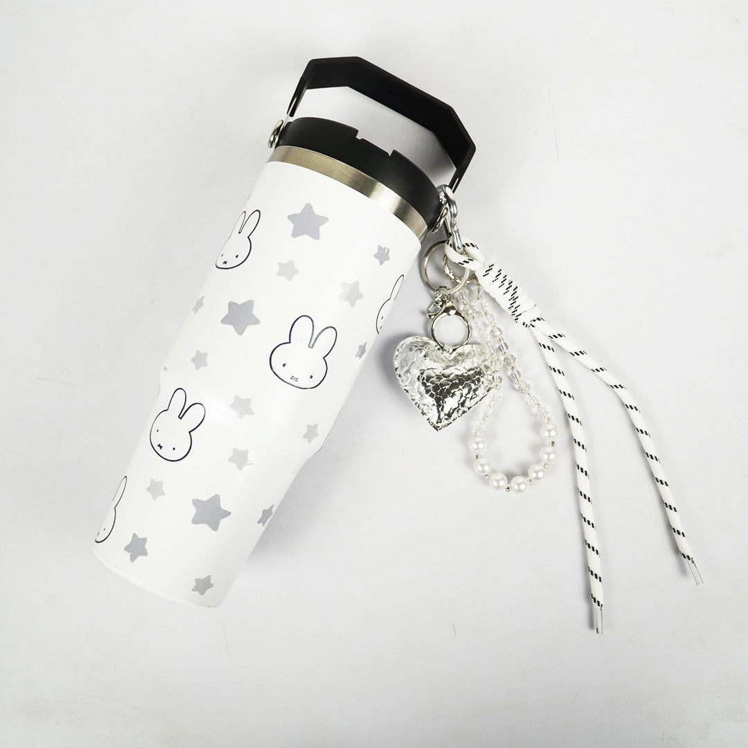Bunny Print Tumbler with Handle & Lanyard | Reusable Travel Cup | Cute Everyday Drinkware