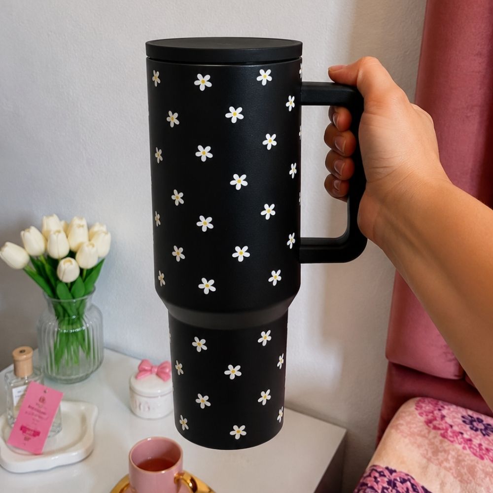 Black Daisy Stainless Steel Travel Tumbler with Handle