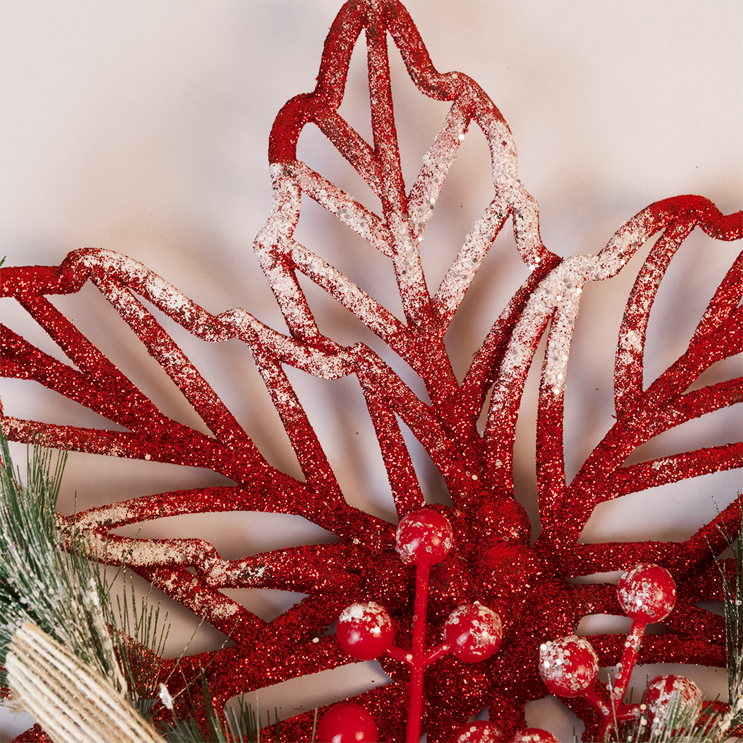 Elegant Christmas Snowflake Wall Hanging – Red Glitter With Pine Leaves & Golden Bow