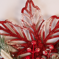 Elegant Christmas Snowflake Wall Hanging – Red Glitter With Pine Leaves & Golden Bow