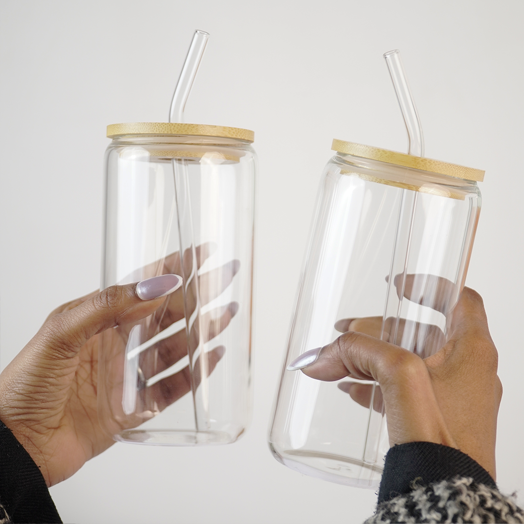 Clear Glass Tumbler with Bamboo Lid & Reusable Glass Straw