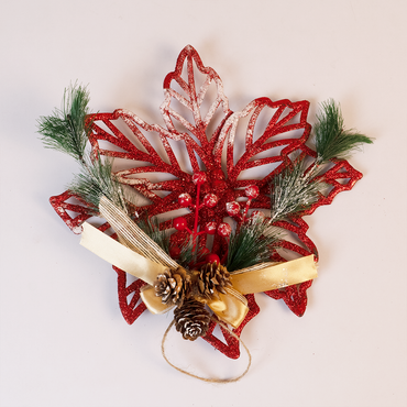 Elegant Christmas Snowflake Wall Hanging – Red Glitter With Pine Leaves & Golden Bow