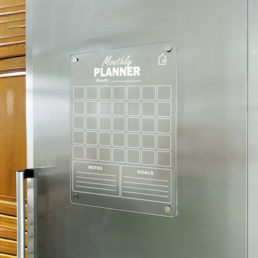 Minimal Acrylic Monthly Planner Board – Magnetic Fridge Organizer with Notes & Goals Section (Comes with Pen & Rag)