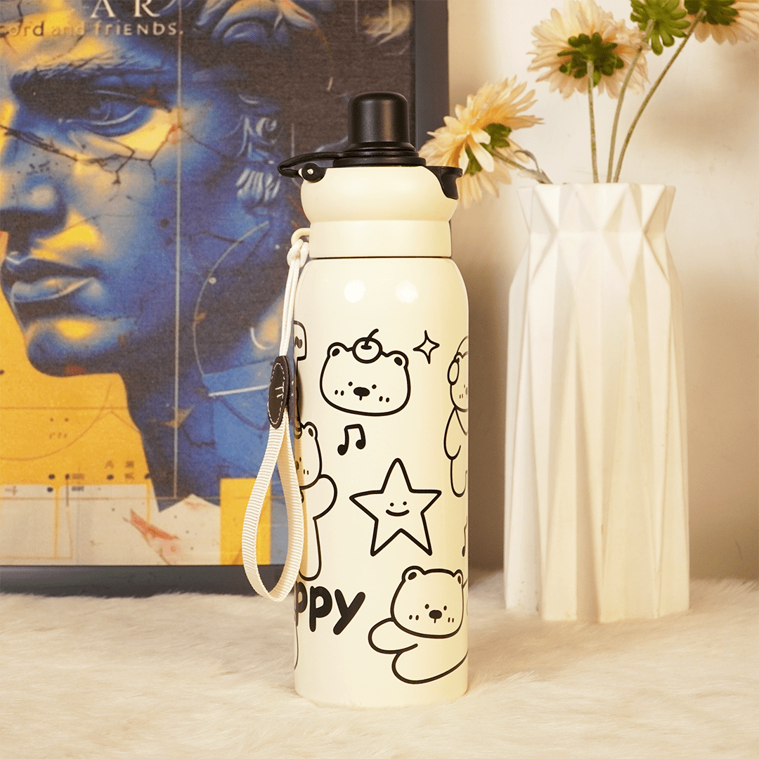 Happy Bear Stainless Steel Water Bottle - Memories InsiteHAPPY BLACK BEAR SHIPPER BOTTLE - 650 ML