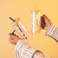 Set of 2 Blossom Glass Tumbler with Bamboo Lid & Straw