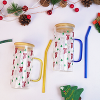 Bow and Little Christmas Tree Glass Tumbler with Handle & Bamboo Lid – Set of 2 | Festive Holiday Design with Straw