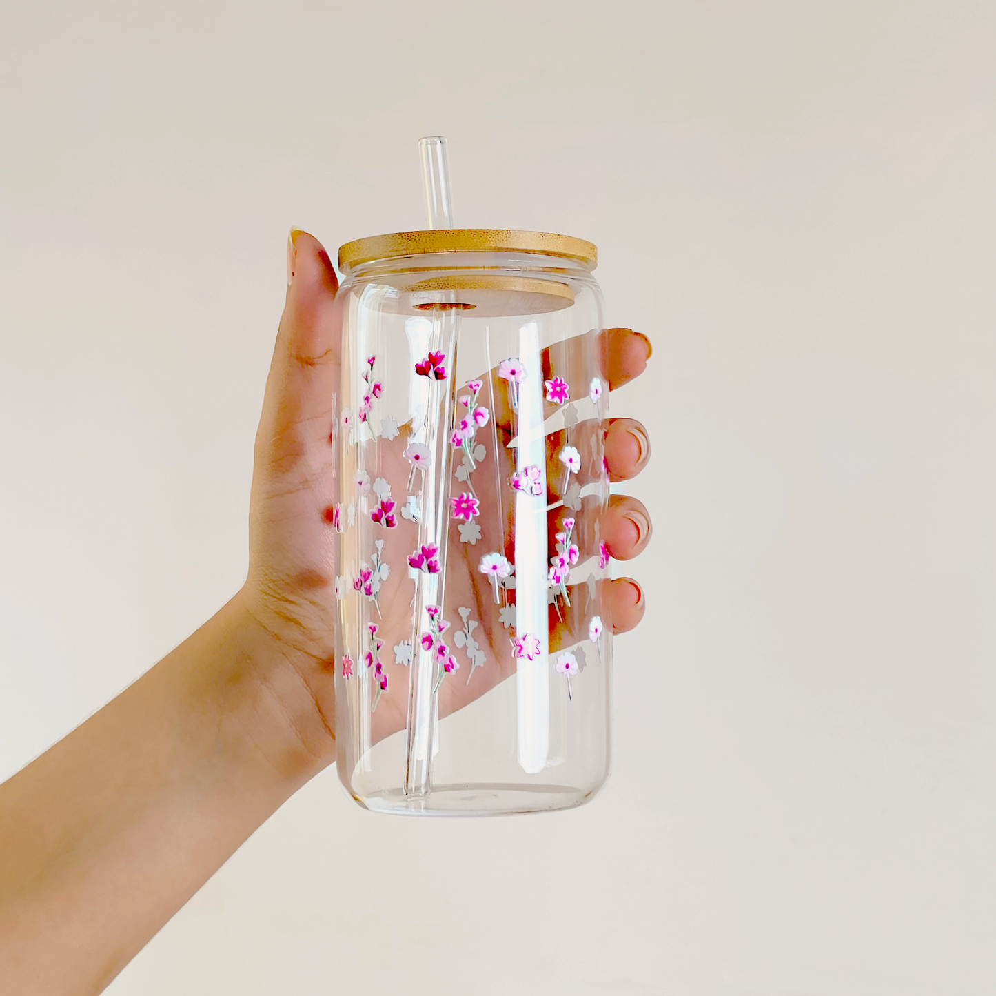 Elegant Floral Glass Tumblers with Bamboo Lid & Straw – Combo of 2 (Pink Flower & Pastel Bloom Design)