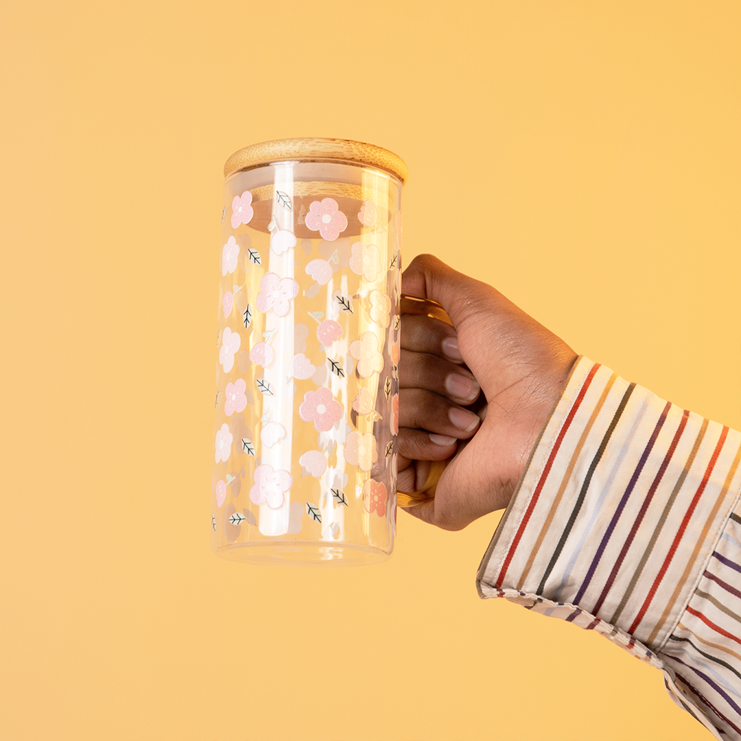 Set of 2 Blossom Glass Tumbler with Bamboo Lid & Straw