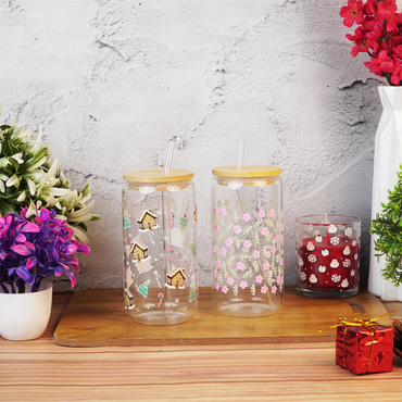 Set-2 Christmas & Floral Glass Tumbler with Bamboo Lid & Straw
