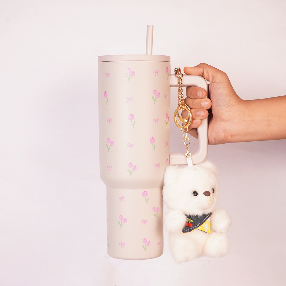 Pink Tulip Bow Tumbler with Straw & Hand