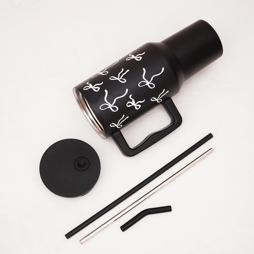 Bow Print Travel Tumbler with Handle | Insulated Coffee Mug with Lid | Reusable Water Cup
