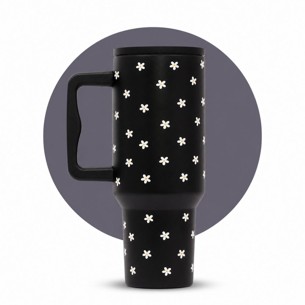 Black Daisy Stainless Steel Travel Tumbler with Handle