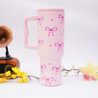 Pink Bow Stainless Steel Travel Tumbler with Handle & Leakproof Lid | Double Wall Vacuum Insulated Coffee Mug