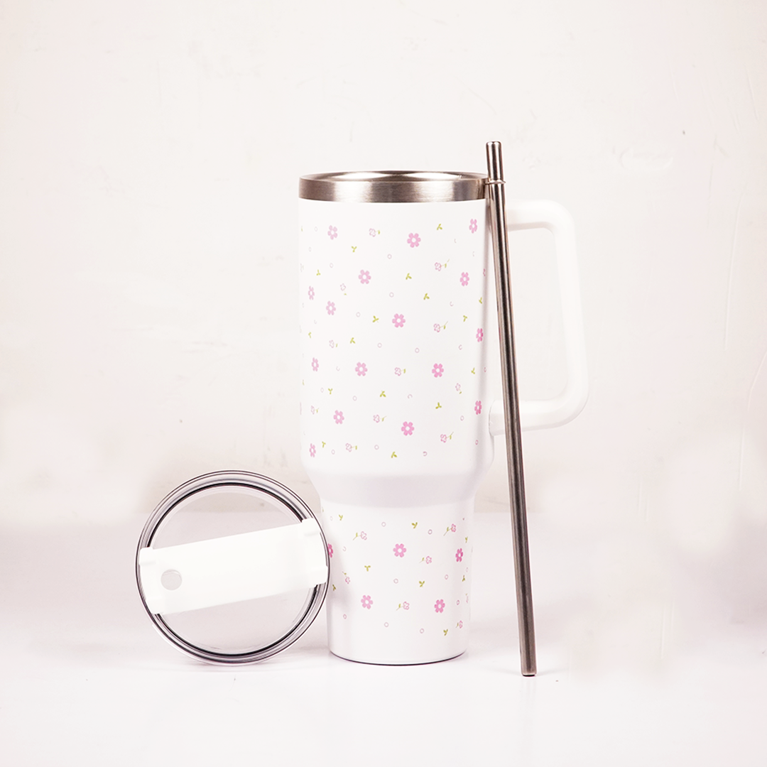 Delicate Pink Flower Tumbler with Handle & Straw