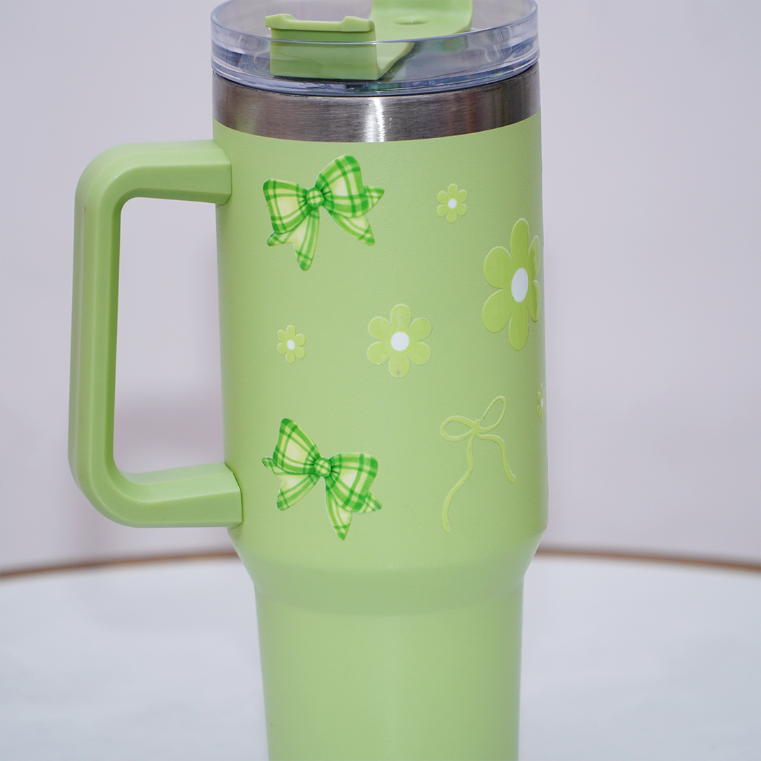 Cute Floral Green Bow Stainless Steel Tumbler