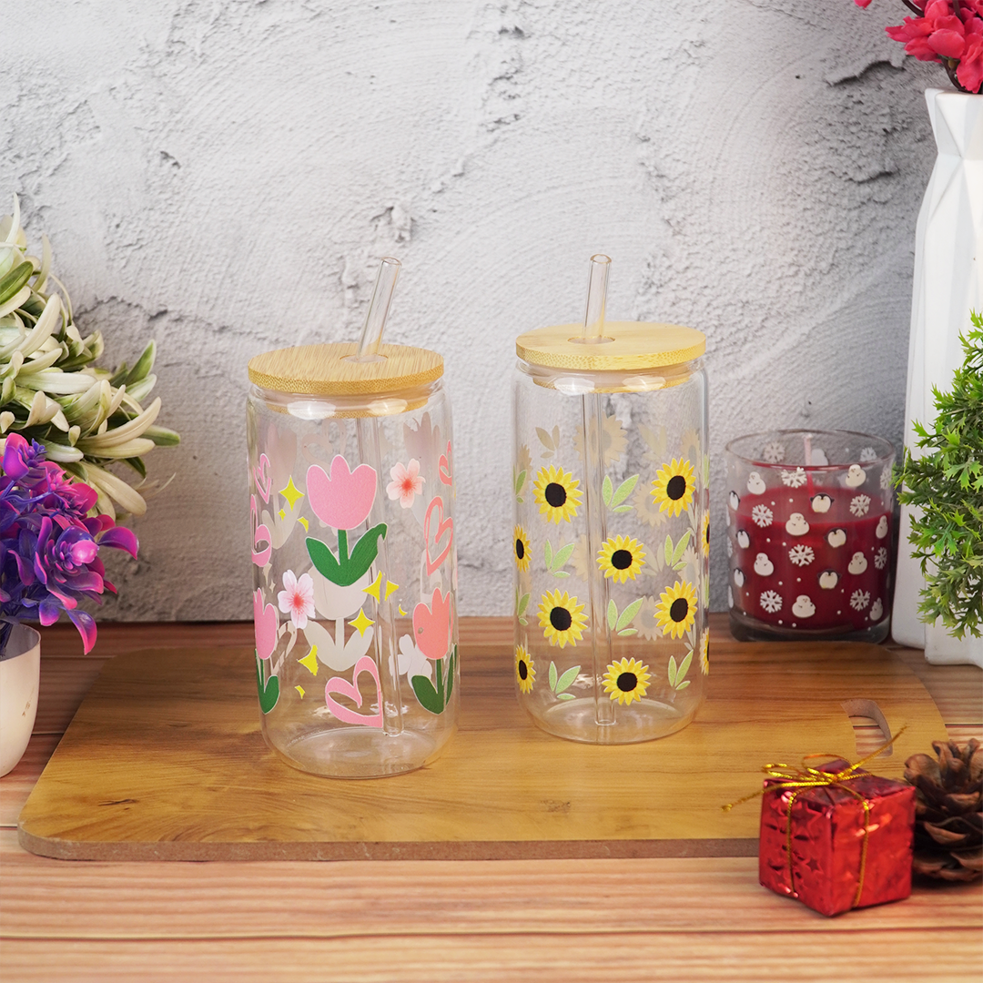 Set-2 Floral Glass Tumbler with Bamboo Lid & Straw