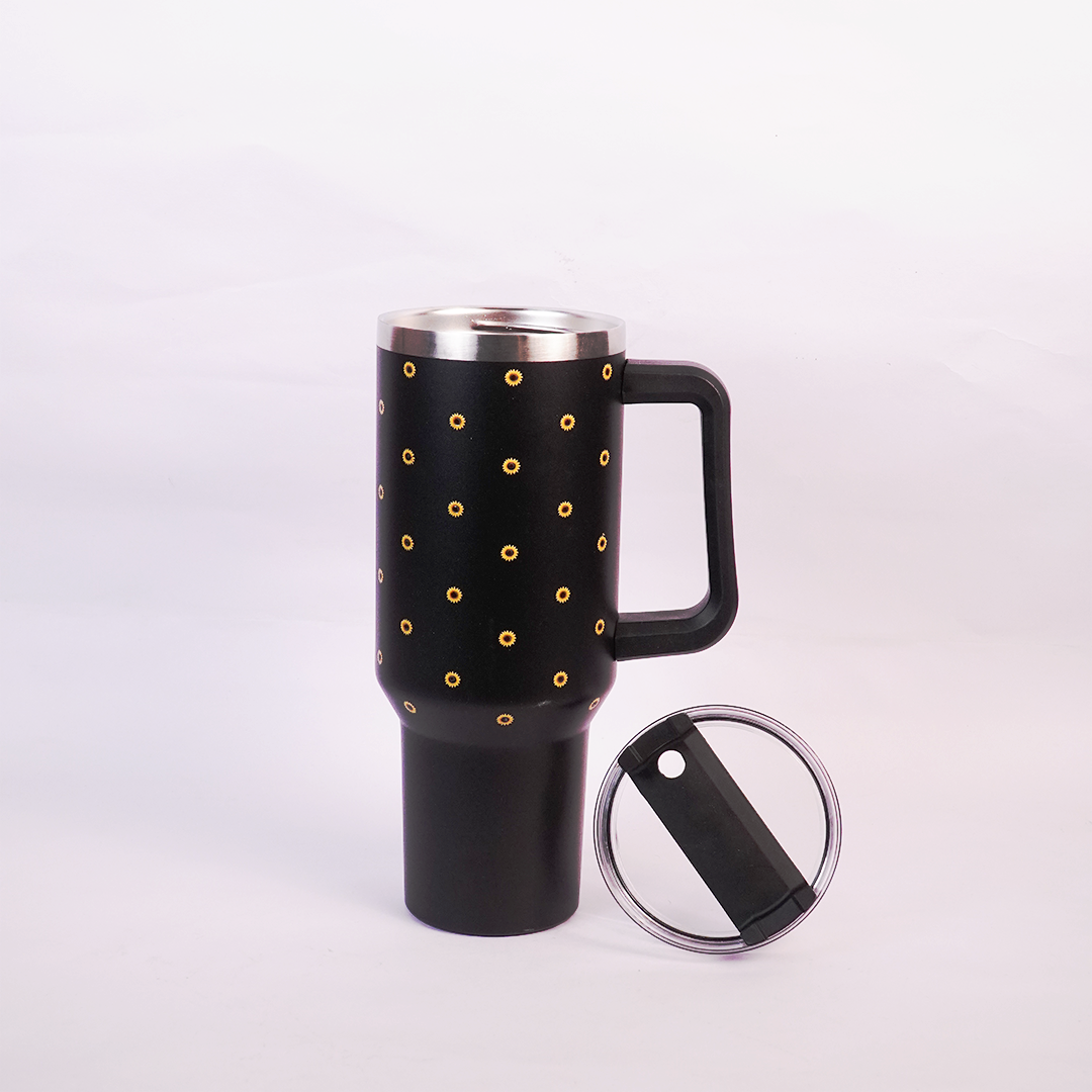 Black Sunflower Tumbler with Handle & Straw – Cute Floral Reusable Travel Cup for Women & Girls