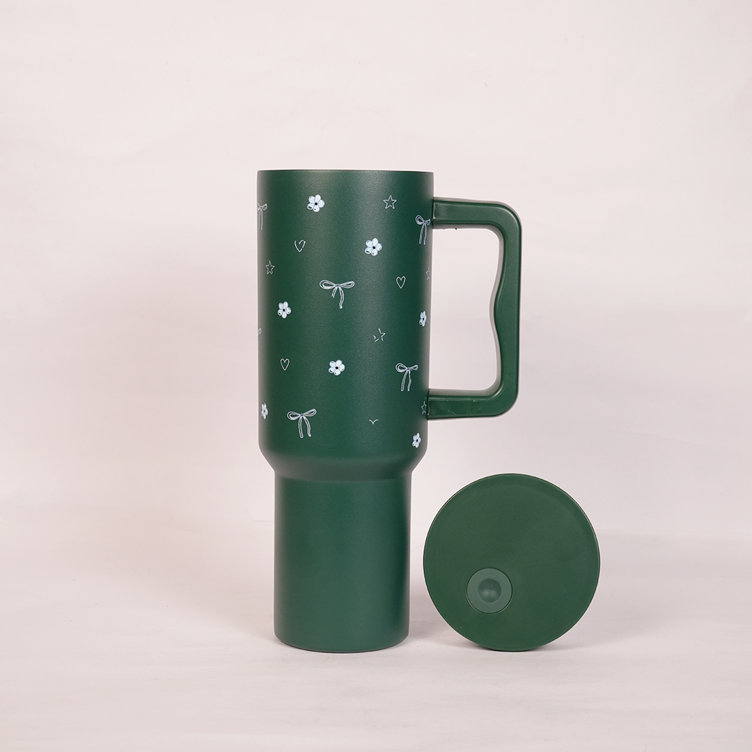 Deep Forest Green Floral & Bow Tumbler with Ergonomic Handle
