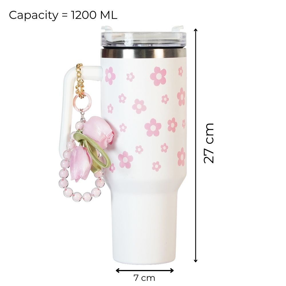 Pink Daisy Stainless Steel Tumbler with Charm | 1.2L Insulated Travel Mug