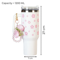 Pink Daisy Stainless Steel Tumbler with Charm | 1.2L Insulated Travel Mug