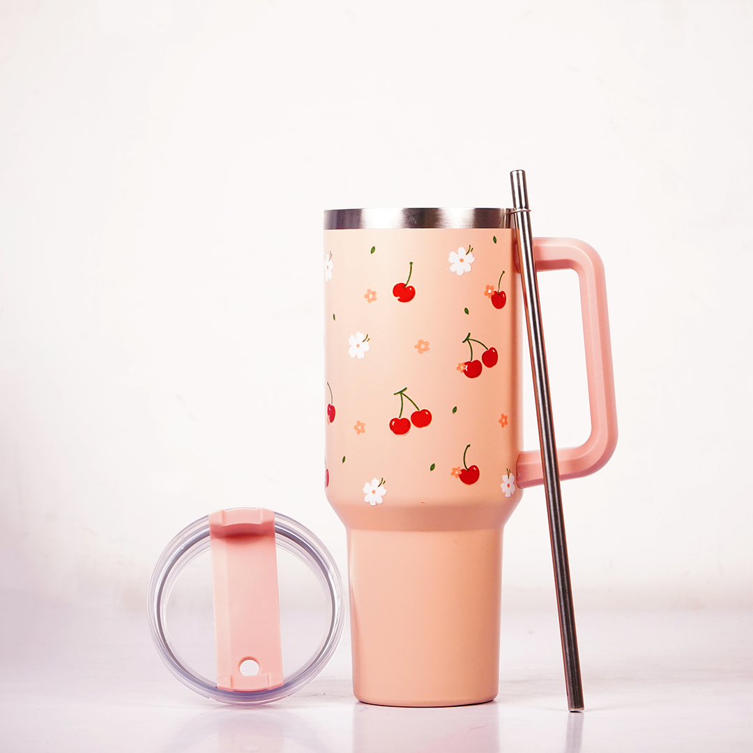 Peach Strawberry Heart Tumbler with Straw & Handle – Cute Floral Travel Tumbler