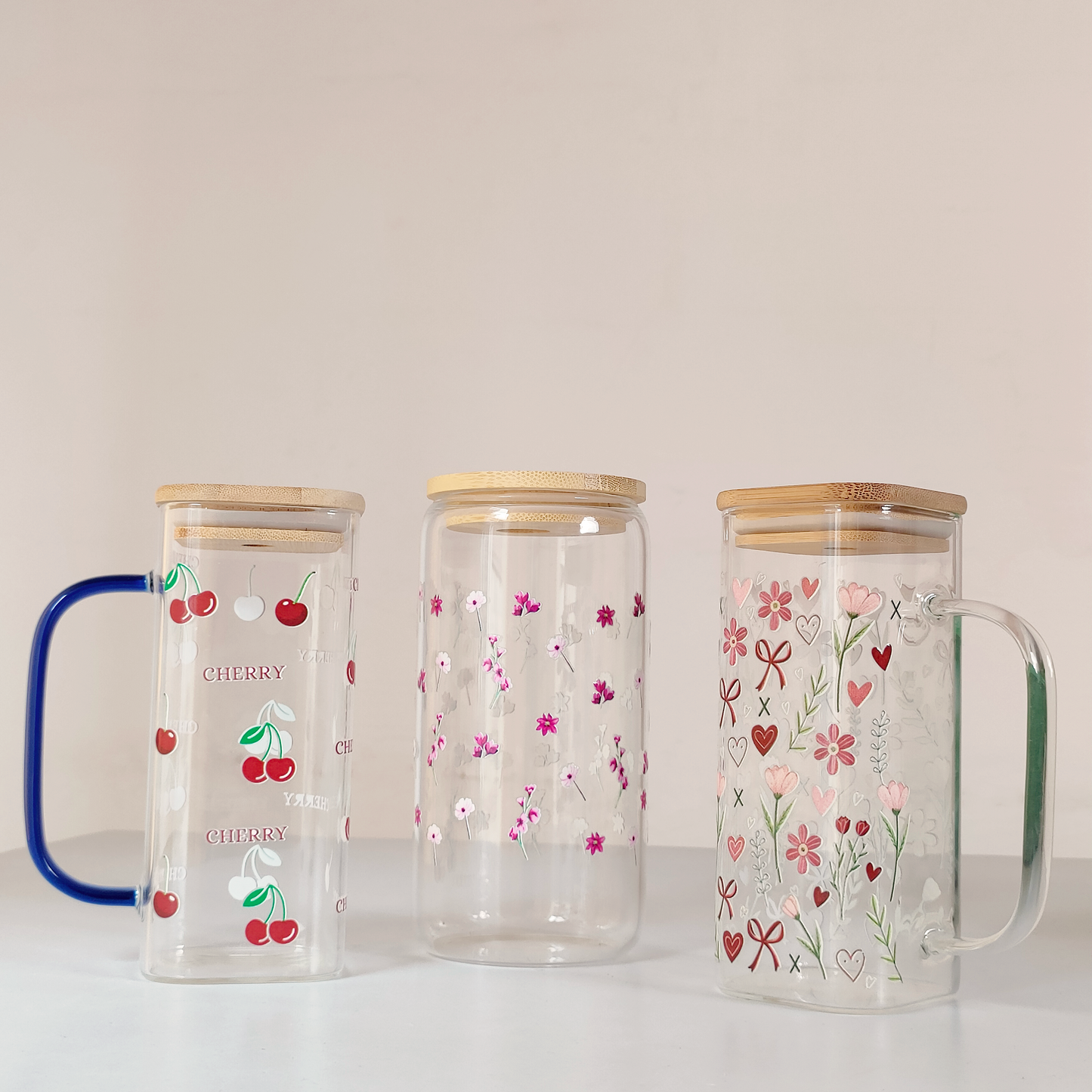 Blossom Heart Glass Tumbler with Handle, Bamboo Lid & Straw – Floral & Romantic Design