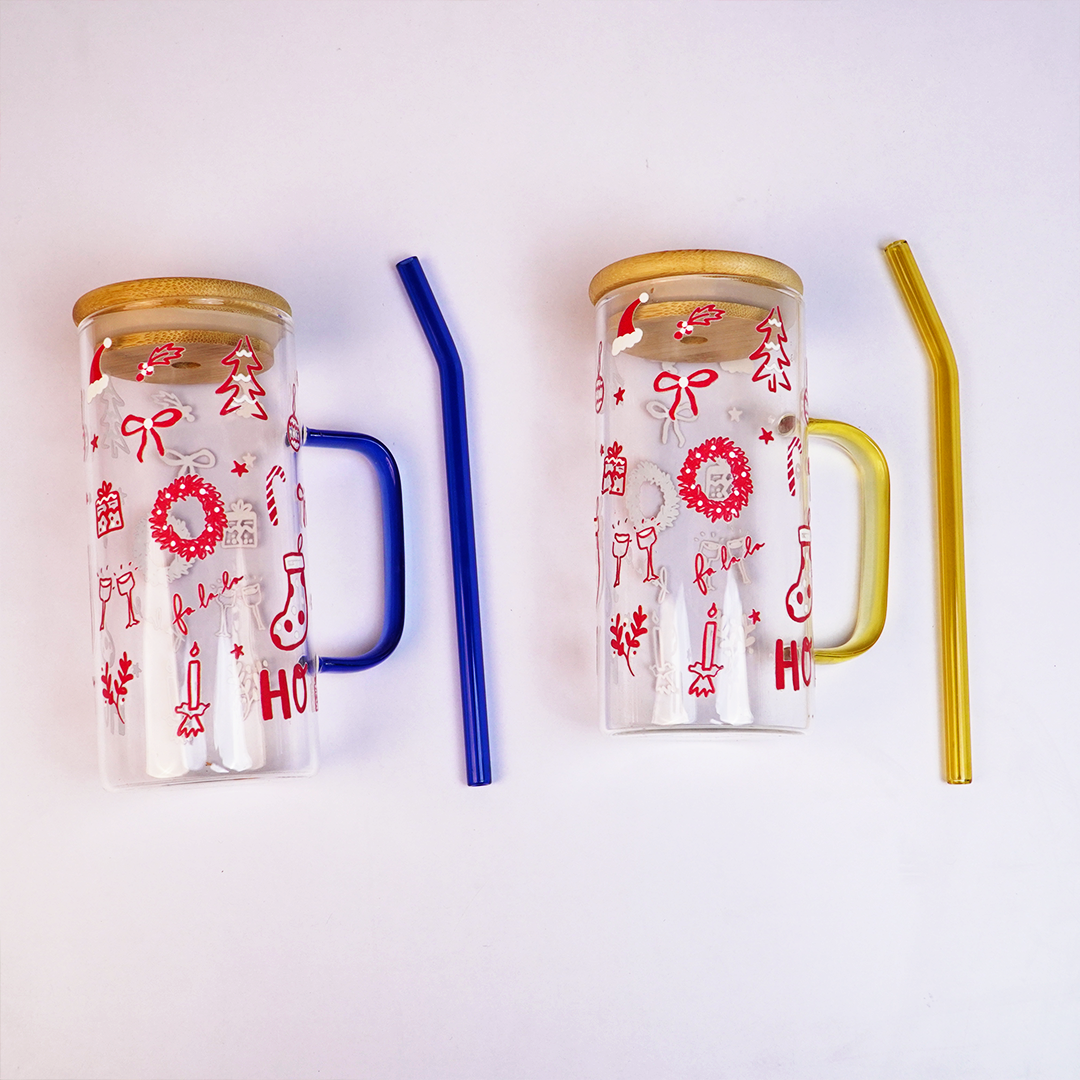 Christmas Glass Tumbler with Handle & Bamboo Lid – Set of 2 | Festive Holiday Design with Straw