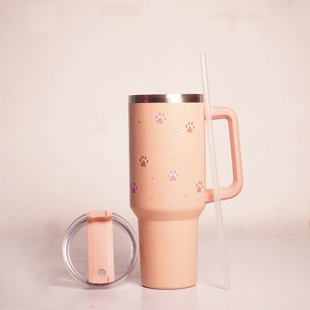 Floral Paw Print Tumbler with Handle & Straw | Reusable Travel Water Cup | Stylish Drinkware