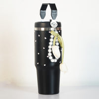 Aesthetic Heart Print Stainless Steel Tumbler with Floral Charm